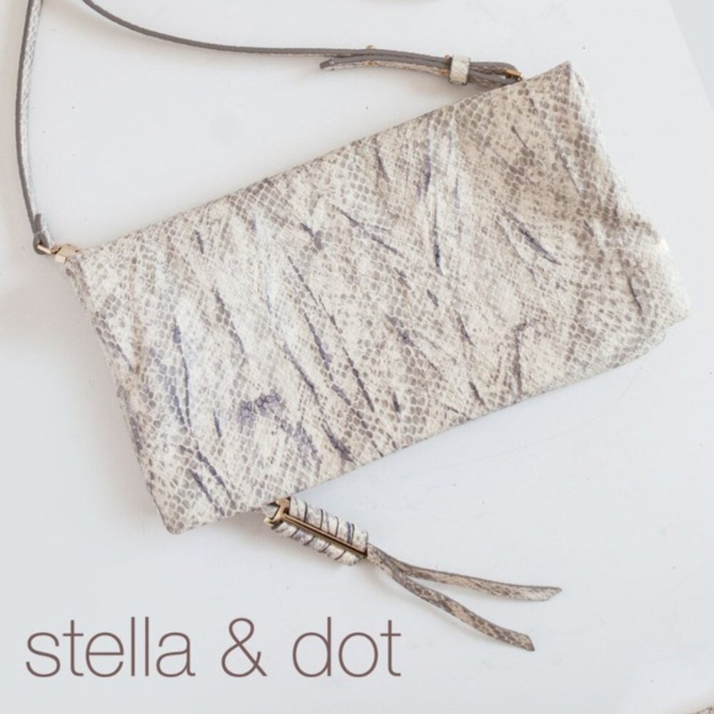 Stella & Dot Covet Waverly leather snake print crossbody or clutch handbag